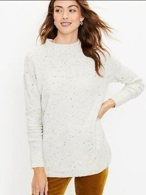 LOFT Grey with Blue Confetti Flecked Mock Neck Tunic Sweater